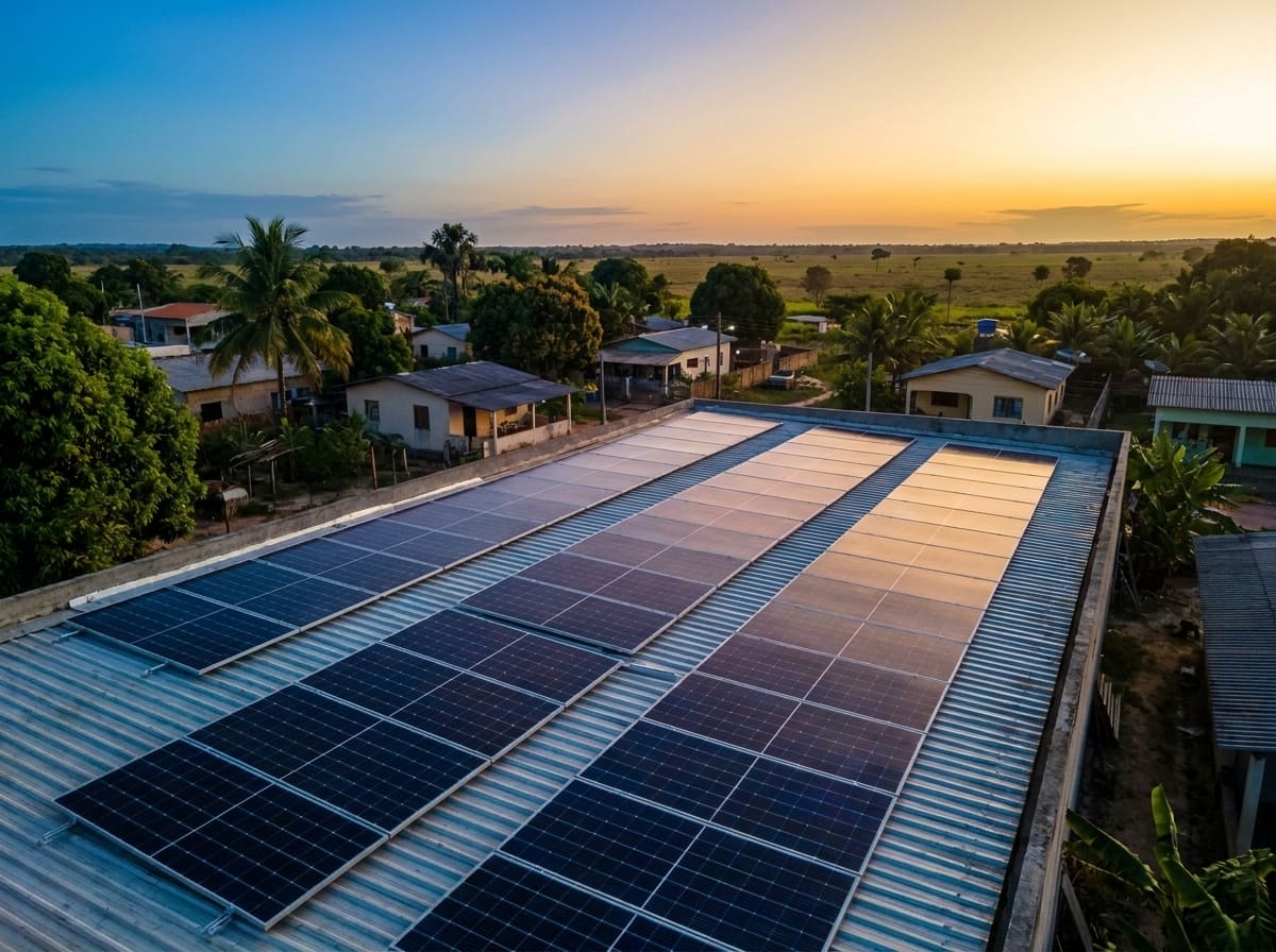Instalação solar fotovoltaica vista de drone, ao entardecer